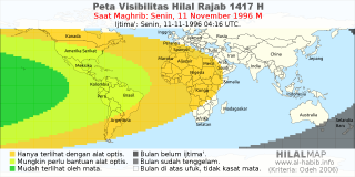HilalMap: Peta Visibilitas Hilal Rajab 1417 H: rukyat tanggal 1996-11-11 M