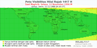 HilalMap: Peta Visibilitas Hilal Rajab 1417 H: rukyat tanggal 1996-11-12 M