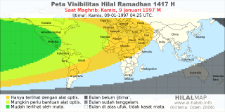 HilalMap: Peta Visibilitas Hilal Ramadhan 1417 H: rukyat tanggal 1997-1-9 M