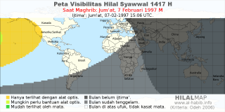 HilalMap: Peta Visibilitas Hilal Syawwal 1417 H: rukyat tanggal 1997-2-7 M