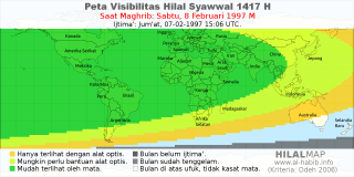 HilalMap: Peta Visibilitas Hilal Syawwal 1417 H: rukyat tanggal 1997-2-8 M