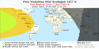 HilalMap: Peta Visibilitas Hilal Dzulhijjah 1417 H: rukyat tanggal 1997-4-7 M