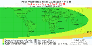 HilalMap: Peta Visibilitas Hilal Dzulhijjah 1417 H: rukyat tanggal 1997-4-8 M