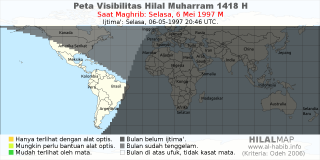 HilalMap: Peta Visibilitas Hilal Muharram 1418 H: rukyat tanggal 1997-5-6 M
