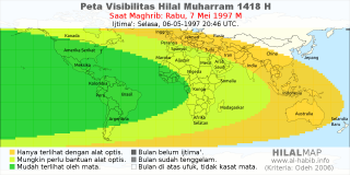 HilalMap: Peta Visibilitas Hilal Muharram 1418 H: rukyat tanggal 1997-5-7 M