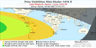 HilalMap: Peta Visibilitas Hilal Shafar 1418 H: rukyat tanggal 1997-6-5 M