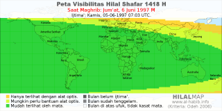 HilalMap: Peta Visibilitas Hilal Shafar 1418 H: rukyat tanggal 1997-6-6 M