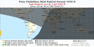 HilalMap: Peta Visibilitas Hilal Rabiul-Awwal 1418 H: rukyat tanggal 1997-7-4 M