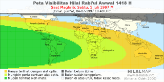 HilalMap: Peta Visibilitas Hilal Rabiul-Awwal 1418 H: rukyat tanggal 1997-7-5 M