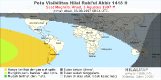 HilalMap: Peta Visibilitas Hilal Rabiul-Akhir 1418 H: rukyat tanggal 1997-8-3 M