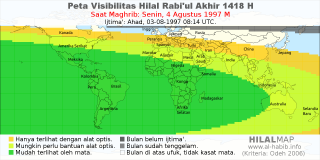HilalMap: Peta Visibilitas Hilal Rabiul-Akhir 1418 H: rukyat tanggal 1997-8-4 M