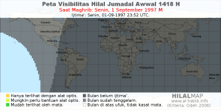 HilalMap: Peta Visibilitas Hilal Jumadal-Awwal 1418 H: rukyat tanggal 1997-9-1 M