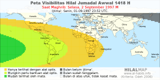 HilalMap: Peta Visibilitas Hilal Jumadal-Awwal 1418 H: rukyat tanggal 1997-9-2 M