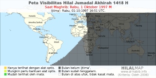 HilalMap: Peta Visibilitas Hilal Jumadal-Akhirah 1418 H: rukyat tanggal 1997-10-1 M