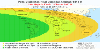 HilalMap: Peta Visibilitas Hilal Jumadal-Akhirah 1418 H: rukyat tanggal 1997-10-2 M