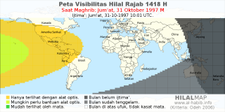 HilalMap: Peta Visibilitas Hilal Rajab 1418 H: rukyat tanggal 1997-10-31 M