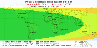 HilalMap: Peta Visibilitas Hilal Rajab 1418 H: rukyat tanggal 1997-11-1 M