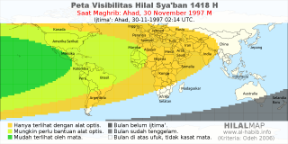 HilalMap: Peta Visibilitas Hilal Syaban 1418 H: rukyat tanggal 1997-11-30 M