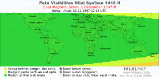HilalMap: Peta Visibilitas Hilal Syaban 1418 H: rukyat tanggal 1997-12-1 M