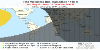 HilalMap: Peta Visibilitas Hilal Ramadhan 1418 H: rukyat tanggal 1997-12-29 M
