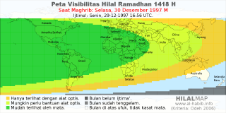 HilalMap: Peta Visibilitas Hilal Ramadhan 1418 H: rukyat tanggal 1997-12-30 M
