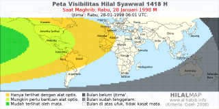HilalMap: Peta Visibilitas Hilal Syawwal 1418 H: rukyat tanggal 1998-1-28 M