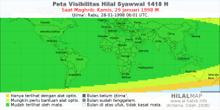 HilalMap: Peta Visibilitas Hilal Syawwal 1418 H: rukyat tanggal 1998-1-29 M
