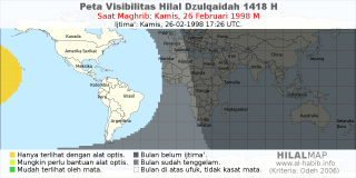 HilalMap: Peta Visibilitas Hilal Dzulqaidah 1418 H: rukyat tanggal 1998-2-26 M