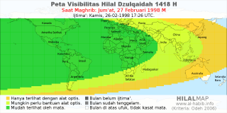 HilalMap: Peta Visibilitas Hilal Dzulqaidah 1418 H: rukyat tanggal 1998-2-27 M