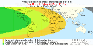 HilalMap: Peta Visibilitas Hilal Dzulhijjah 1418 H: rukyat tanggal 1998-3-28 M