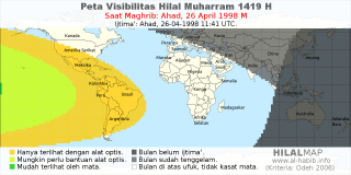 HilalMap: Peta Visibilitas Hilal Muharram 1419 H: rukyat tanggal 1998-4-26 M