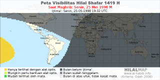 HilalMap: Peta Visibilitas Hilal Shafar 1419 H: rukyat tanggal 1998-5-25 M