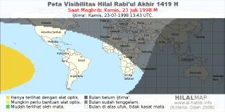 HilalMap: Peta Visibilitas Hilal Rabiul-Akhir 1419 H: rukyat tanggal 1998-7-23 M