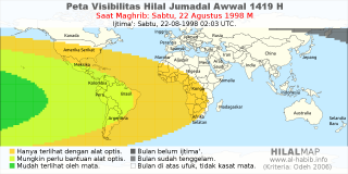 HilalMap: Peta Visibilitas Hilal Jumadal-Awwal 1419 H: rukyat tanggal 1998-8-22 M