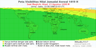 HilalMap: Peta Visibilitas Hilal Jumadal-Awwal 1419 H: rukyat tanggal 1998-8-23 M