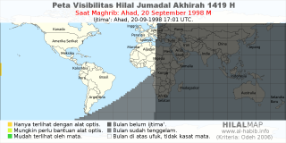 HilalMap: Peta Visibilitas Hilal Jumadal-Akhirah 1419 H: rukyat tanggal 1998-9-20 M
