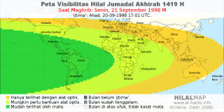 HilalMap: Peta Visibilitas Hilal Jumadal-Akhirah 1419 H: rukyat tanggal 1998-9-21 M