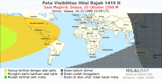 HilalMap: Peta Visibilitas Hilal Rajab 1419 H: rukyat tanggal 1998-10-20 M