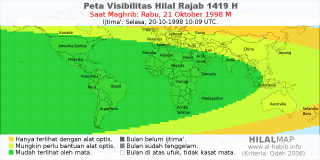 HilalMap: Peta Visibilitas Hilal Rajab 1419 H: rukyat tanggal 1998-10-21 M