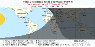 HilalMap: Peta Visibilitas Hilal Syawwal 1419 H: rukyat tanggal 1999-1-17 M