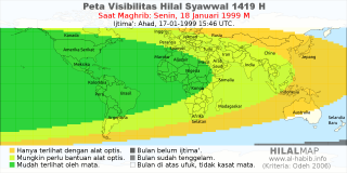 HilalMap: Peta Visibilitas Hilal Syawwal 1419 H: rukyat tanggal 1999-1-18 M