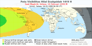 HilalMap: Peta Visibilitas Hilal Dzulqaidah 1419 H: rukyat tanggal 1999-2-16 M