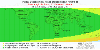 HilalMap: Peta Visibilitas Hilal Dzulqaidah 1419 H: rukyat tanggal 1999-2-17 M