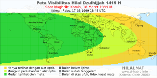 HilalMap: Peta Visibilitas Hilal Dzulhijjah 1419 H: rukyat tanggal 1999-3-18 M