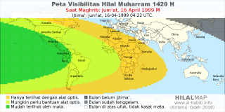 HilalMap: Peta Visibilitas Hilal Muharram 1420 H: rukyat tanggal 1999-4-16 M