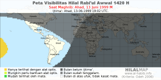 HilalMap: Peta Visibilitas Hilal Rabiul-Awwal 1420 H: rukyat tanggal 1999-6-13 M
