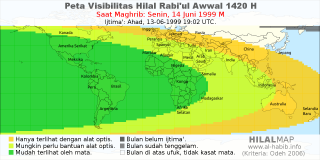 HilalMap: Peta Visibilitas Hilal Rabiul-Awwal 1420 H: rukyat tanggal 1999-6-14 M