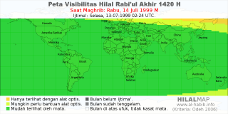HilalMap: Peta Visibilitas Hilal Rabiul-Akhir 1420 H: rukyat tanggal 1999-7-14 M