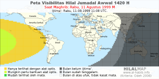 HilalMap: Peta Visibilitas Hilal Jumadal-Awwal 1420 H: rukyat tanggal 1999-8-11 M