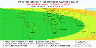 HilalMap: Peta Visibilitas Hilal Jumadal-Awwal 1420 H: rukyat tanggal 1999-8-12 M
